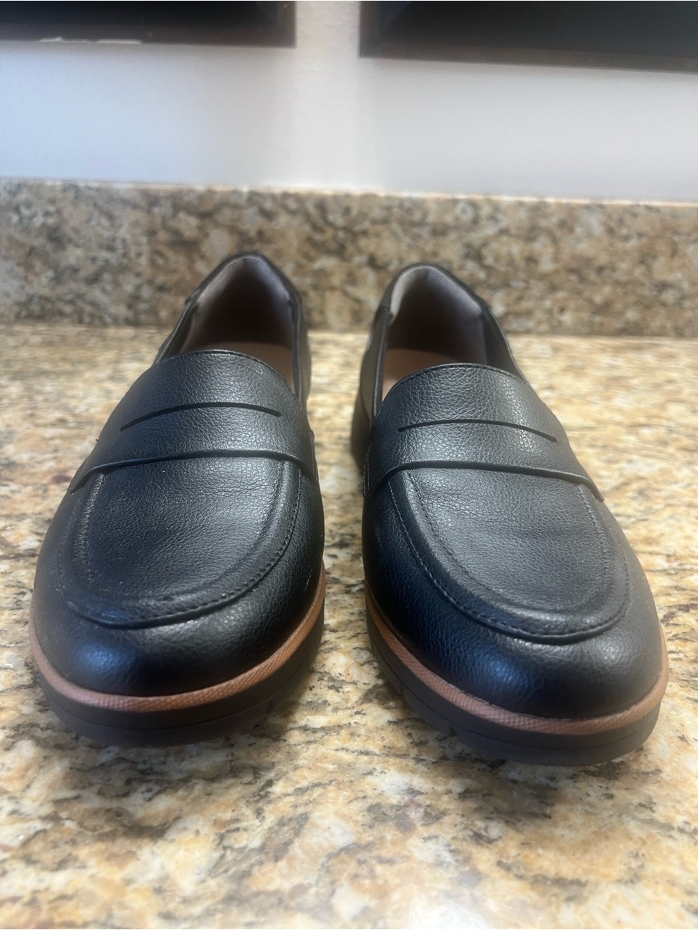 Dr. Scholl's Black Leather Penny Loafers with Tan Trim - Picture 11 of 13